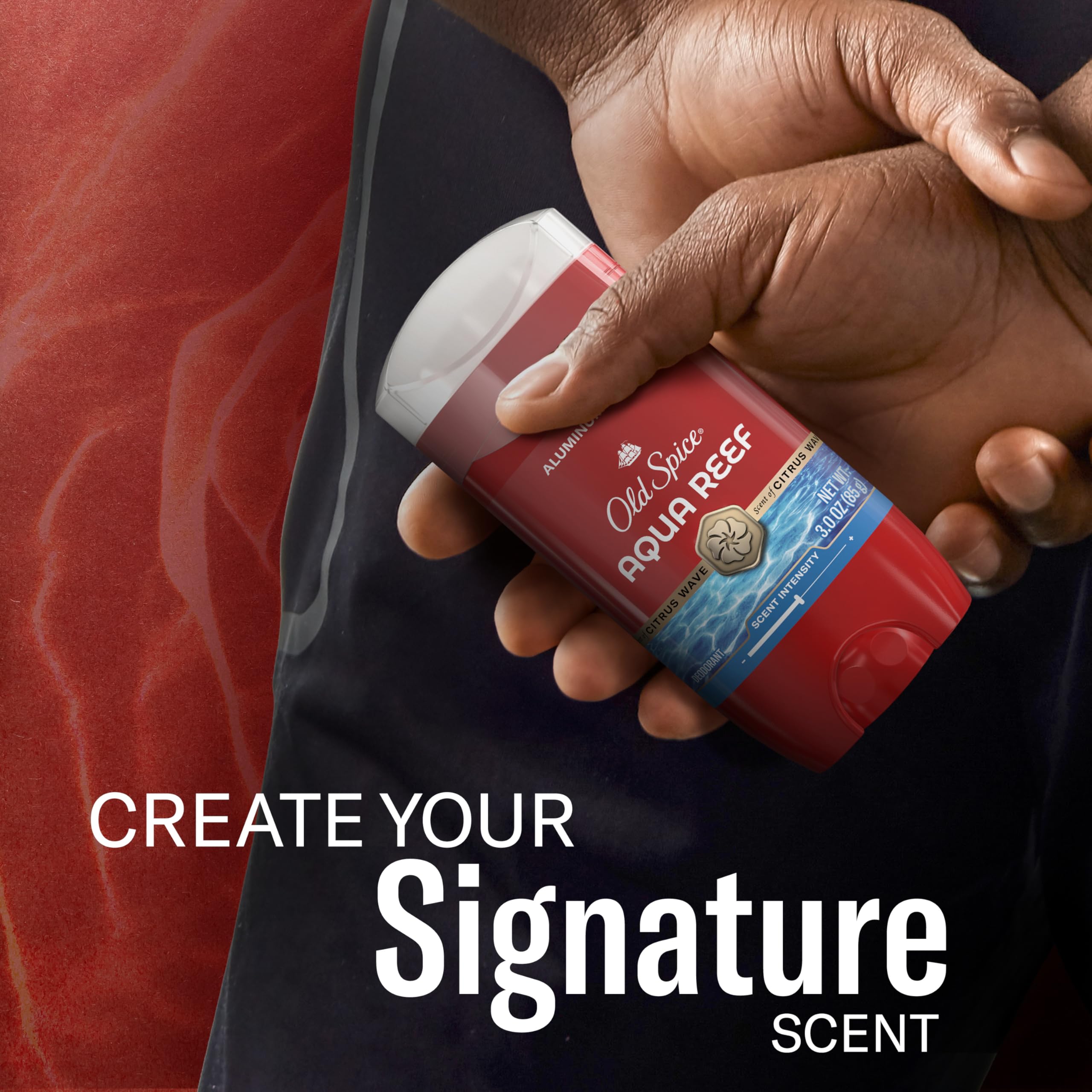 Side profile of Old Spice package highlighting bold Red Collection branding