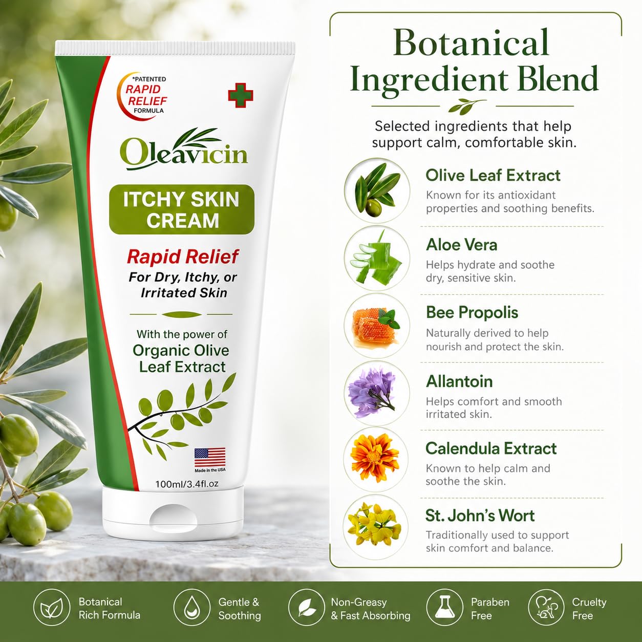 Oleavicin being applied to forearm to calm itch and hydrate skin