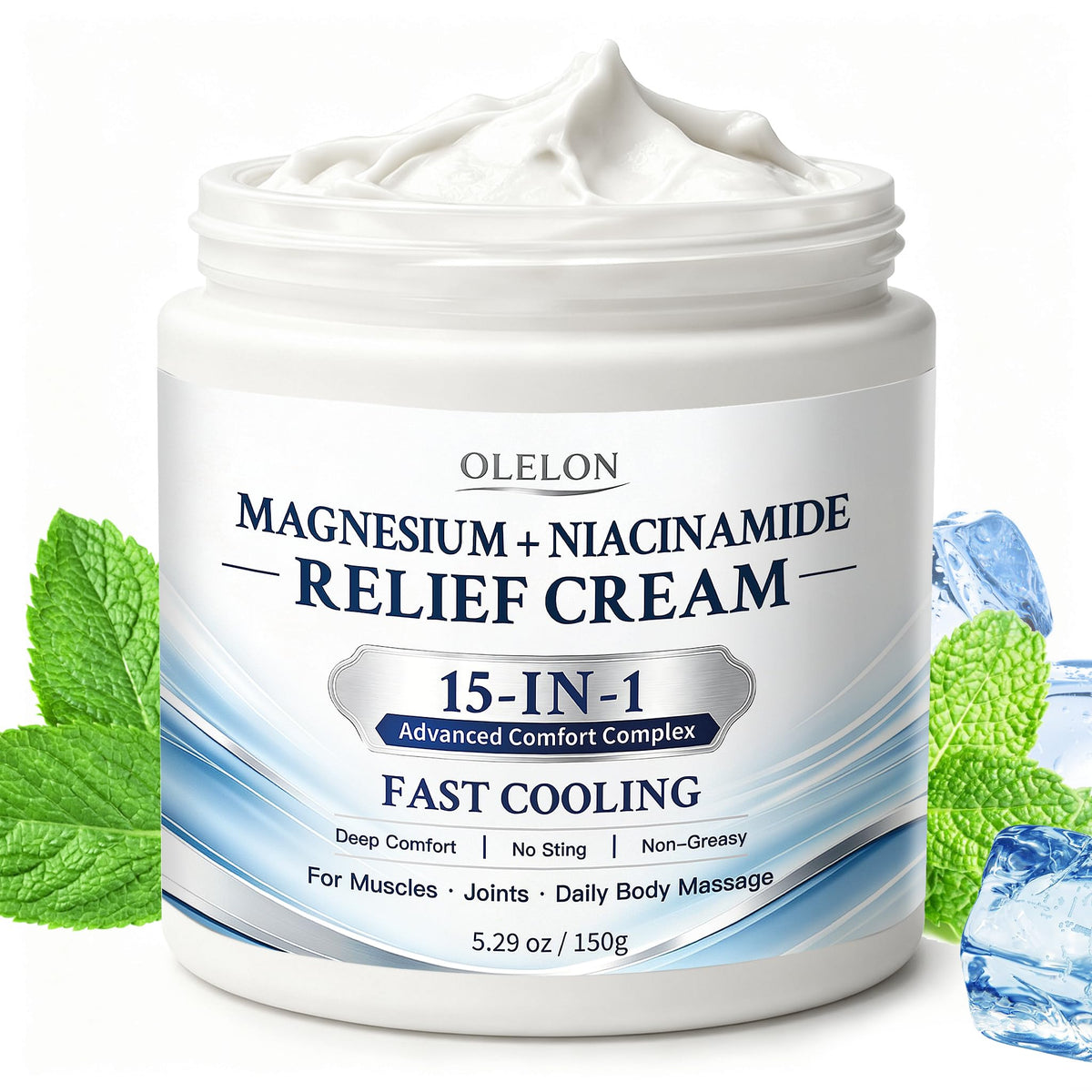 OLELON front packaging showing cooling cream tube and branding benefit