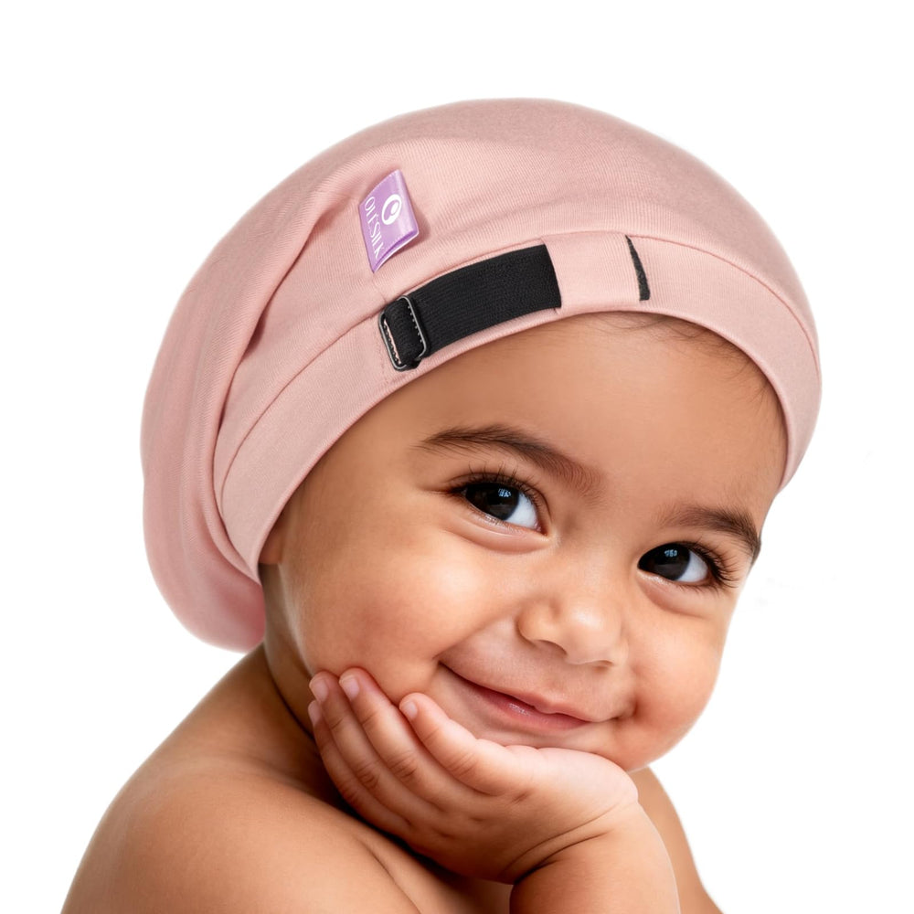 OLESILK bonnet front view showing snug fit and cute colors for protection