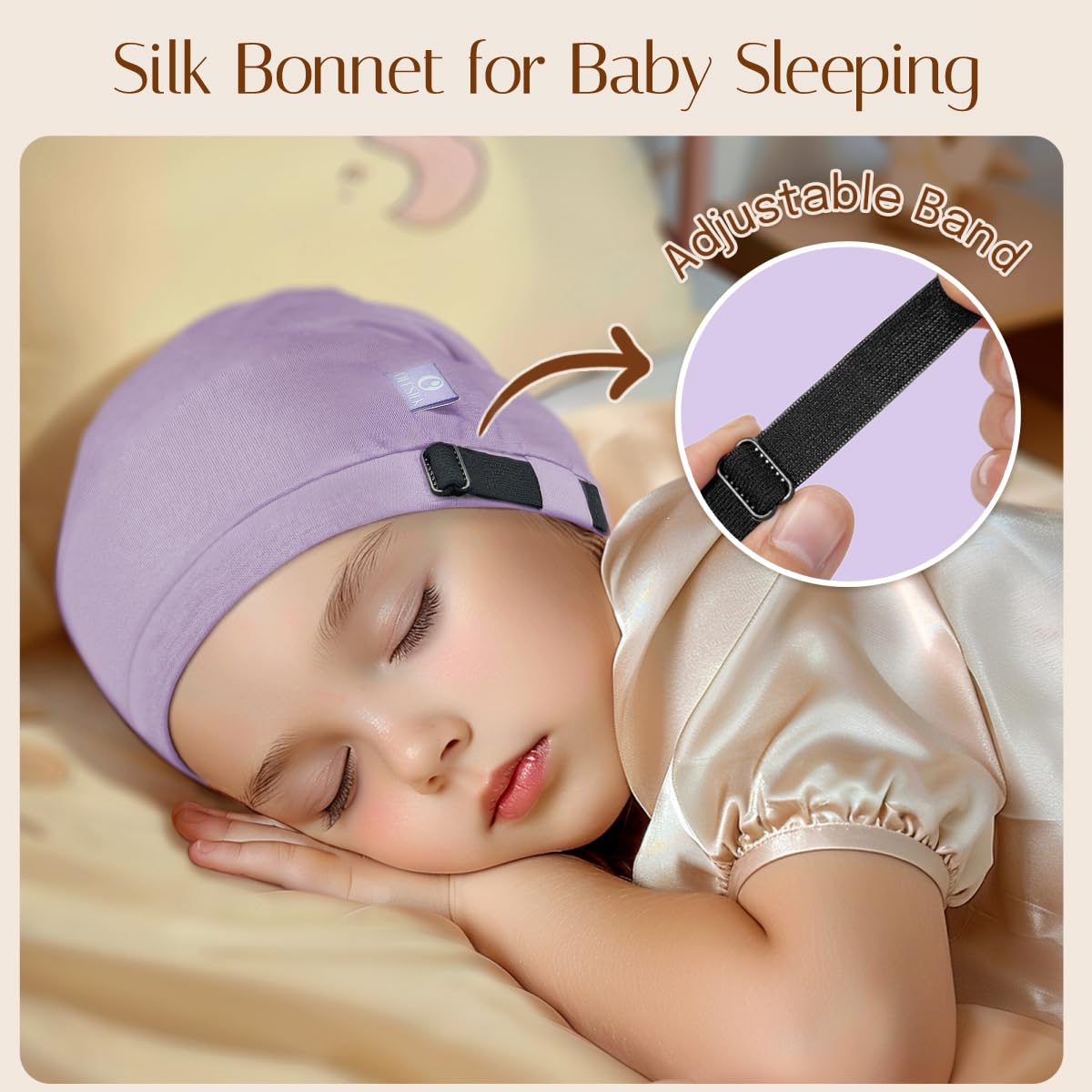 OLESILK bonnet on baby in highchair protects hair during meals