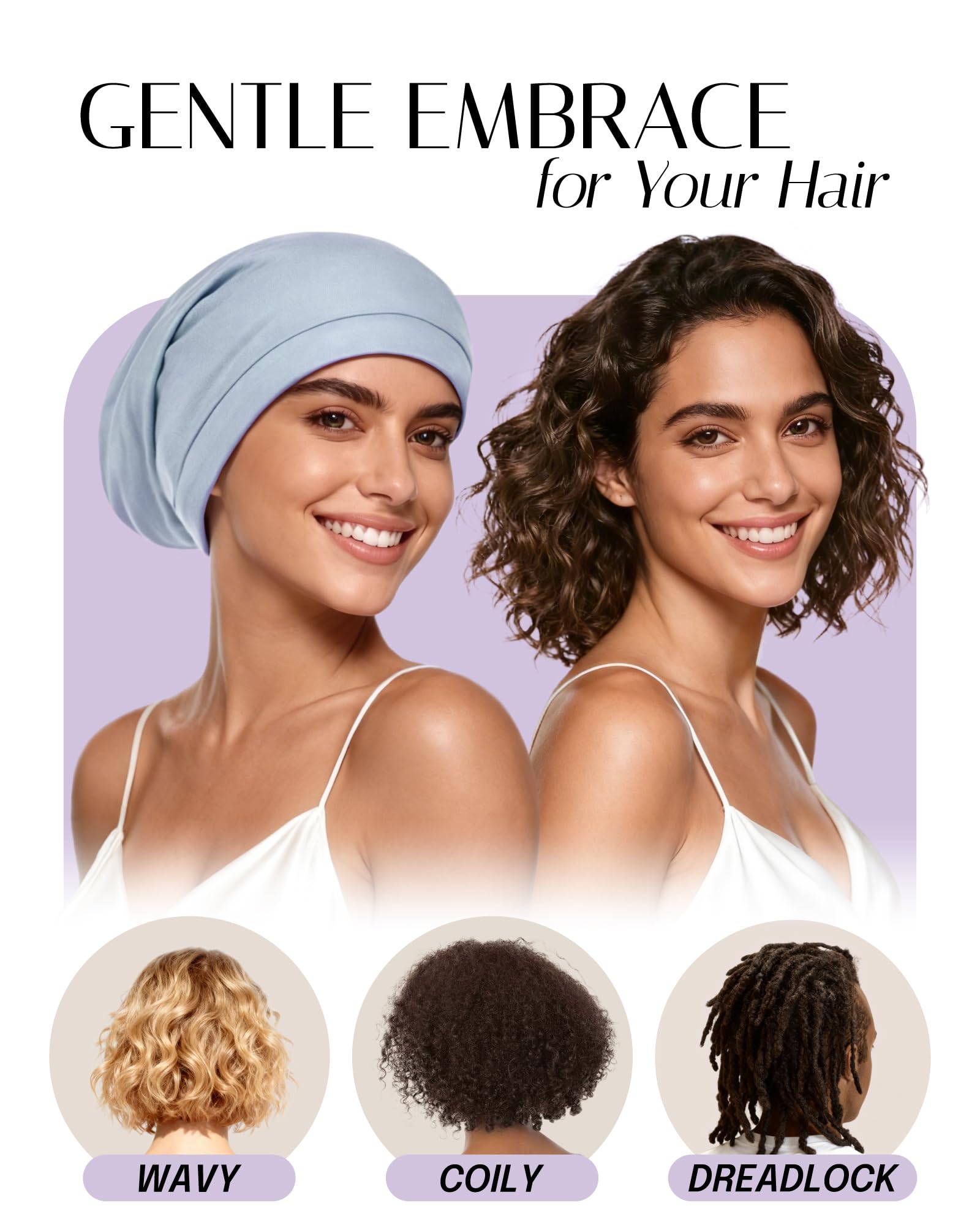 OLESILK bonnet worn by model with curly hair preserving curl definition