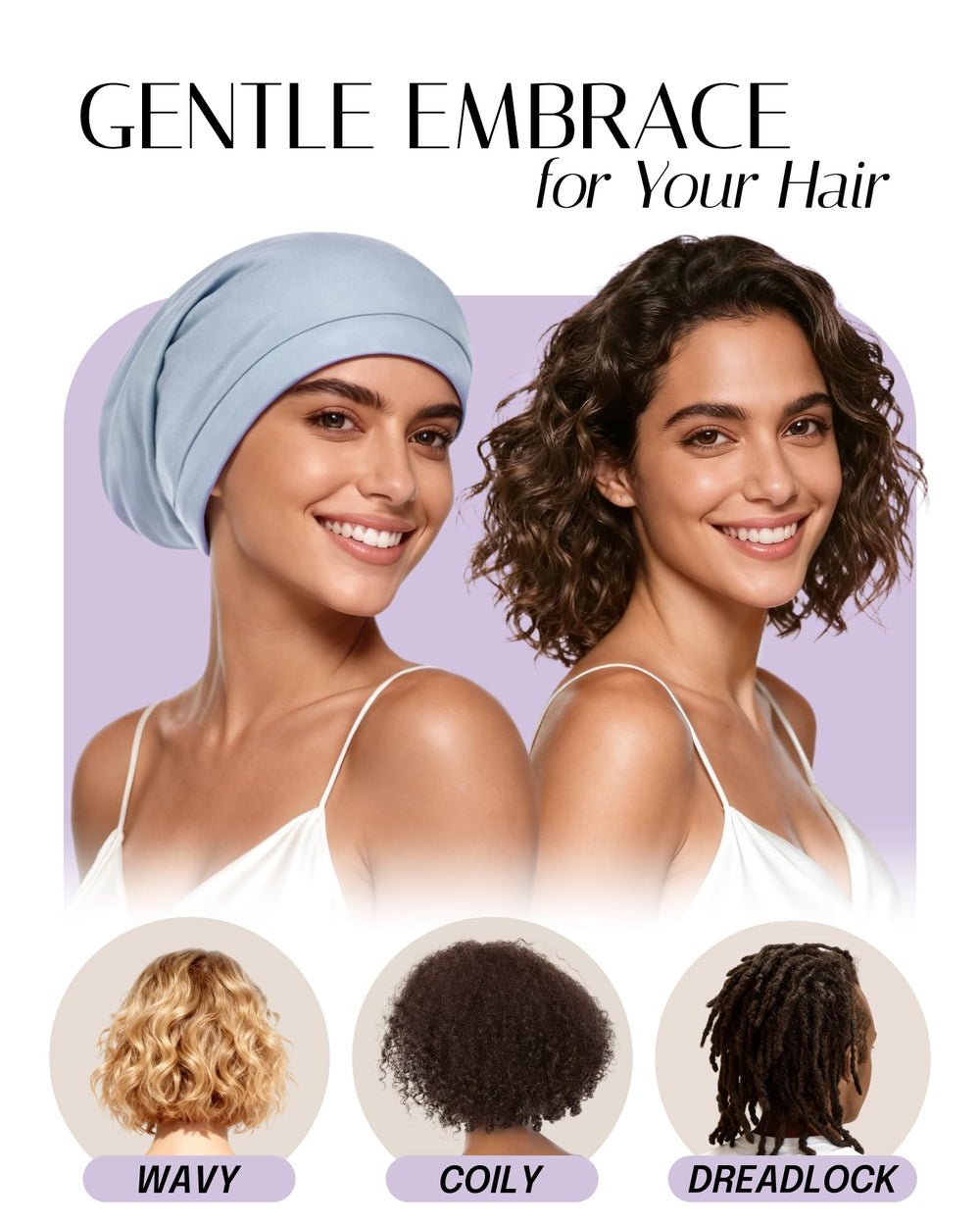 OLESILK bonnet worn by model with curly hair preserving curl definition