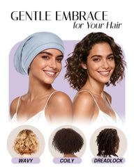 OLESILK bonnet worn by model with curly hair preserving curl definition