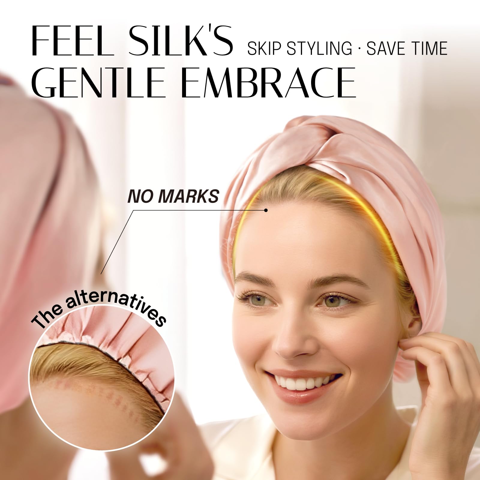 OLESILK bonnet in use on sleeping woman preserving hairstyle benefit