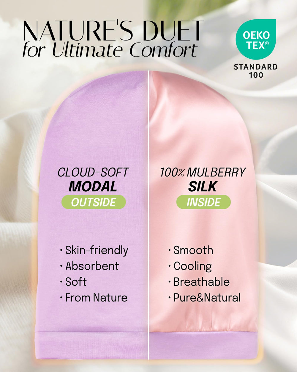 OLESILK inner mulberry silk close-up showing low-friction surface benefit