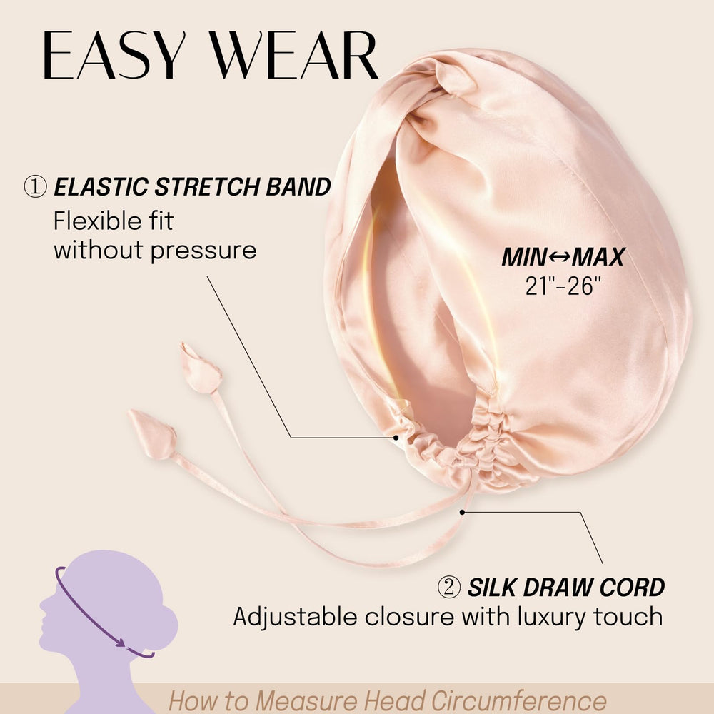 OLESILK bonnet styled on bathroom counter highlighting travel-ready convenience benefit