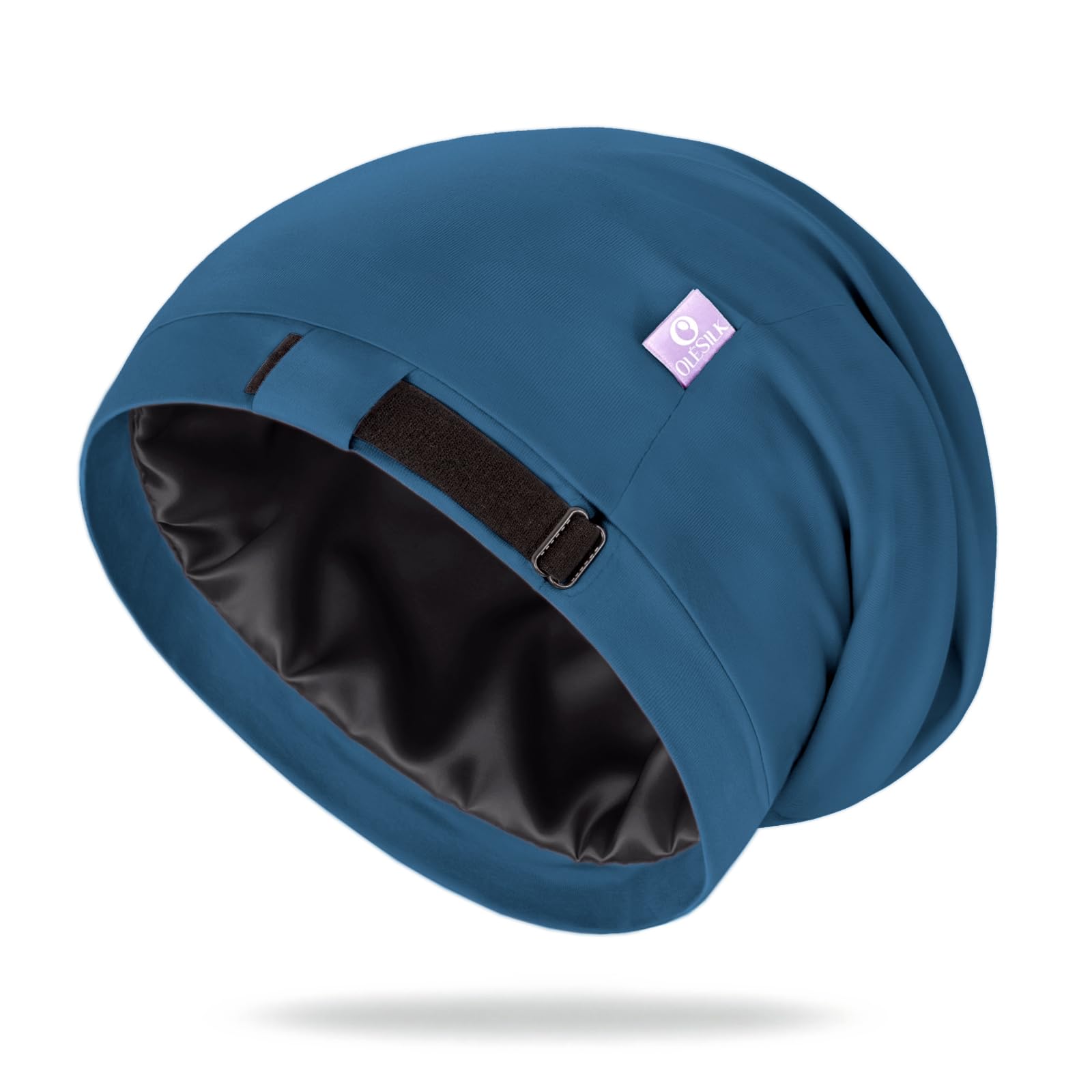 OLESILK royal blue bonnet front view showing smooth silk and snug fit benefit