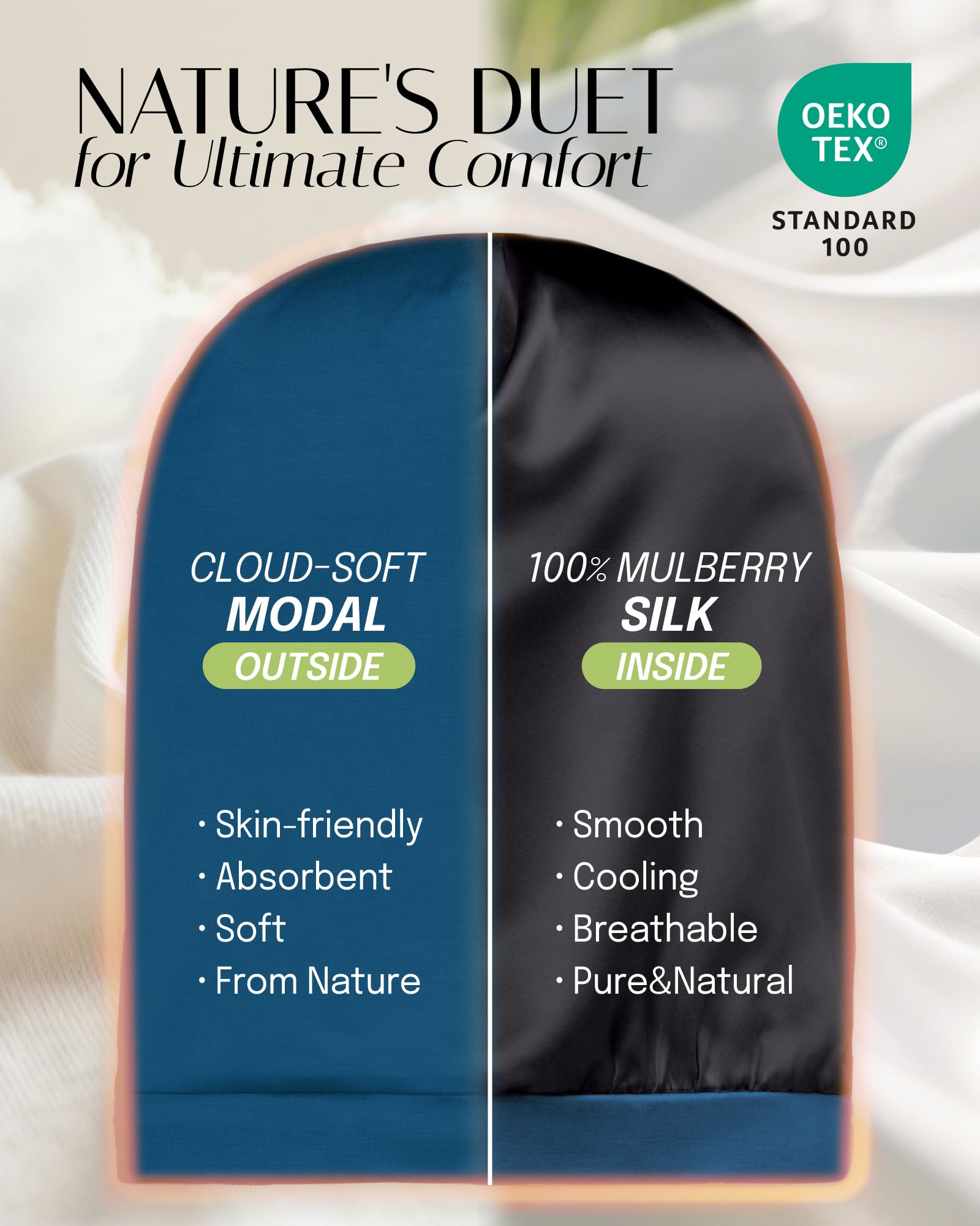 OLESILK close-up of mulberry silk lining highlighting low-friction protection benefit