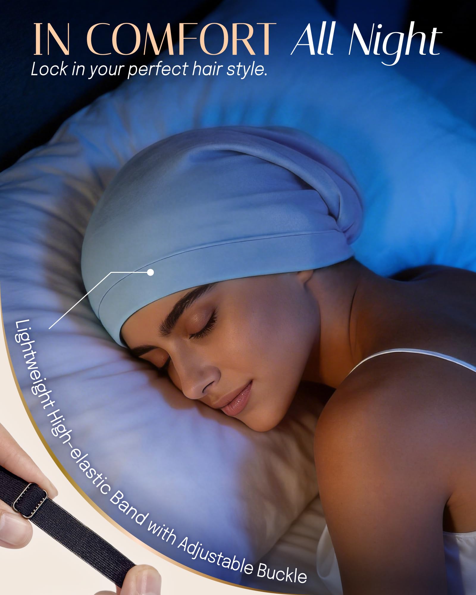 OLESILK bonnet beside hand to show size and fit clarity