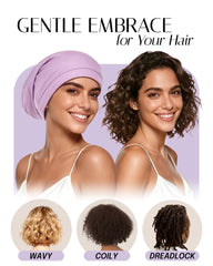OLESILK bonnet worn by model showing true-to-size fit and hairstyle protection benefit