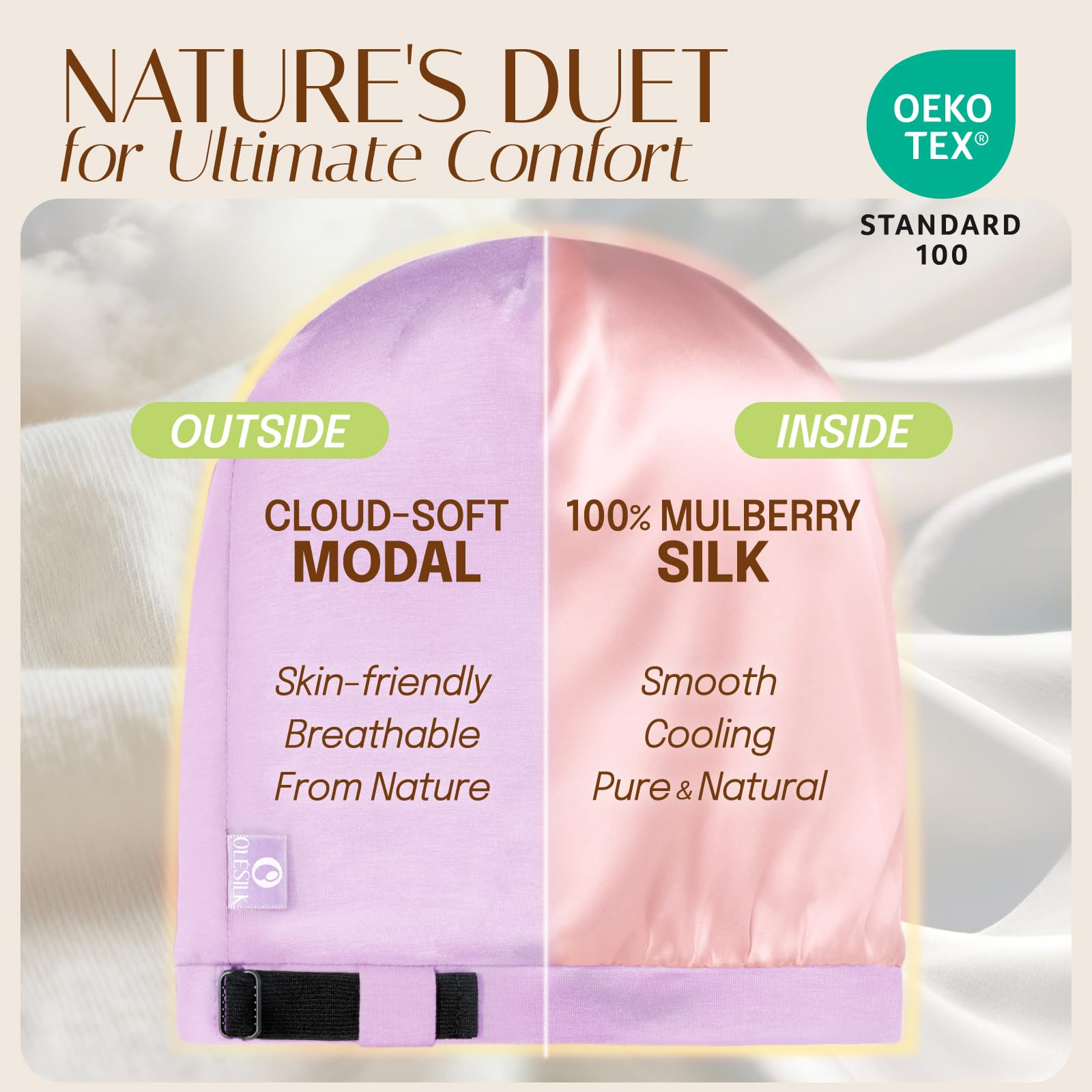 OLESILK silk lining close-up highlighting smooth anti-frizz benefit