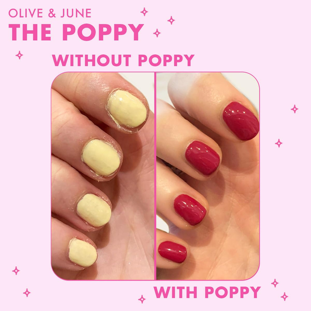 Olive & June Poppy beside polish swatches demonstrating scale and easier mani setup