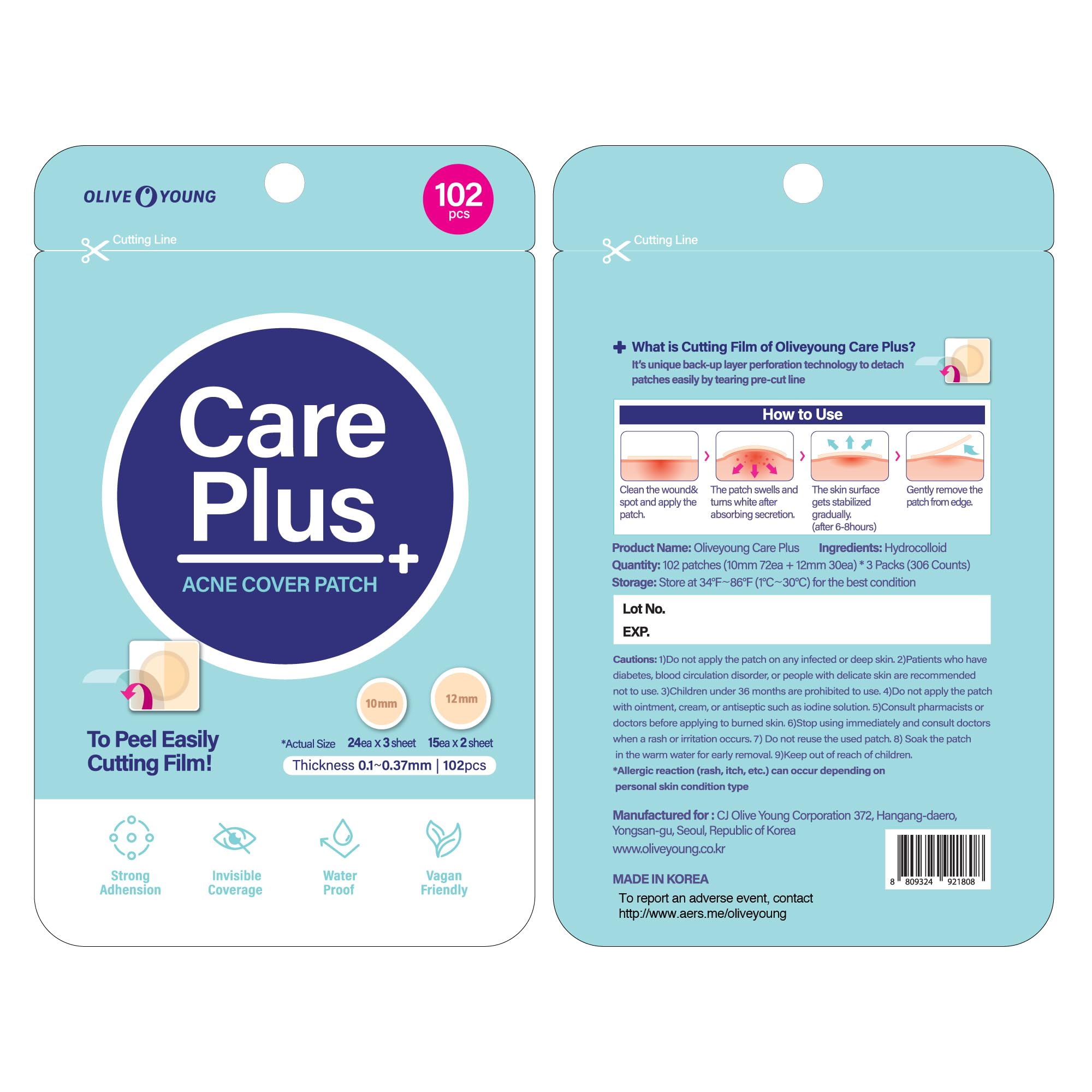 OLIVE YOUNG patch next to a bedside mirror in a bathroom setting, overnight use support