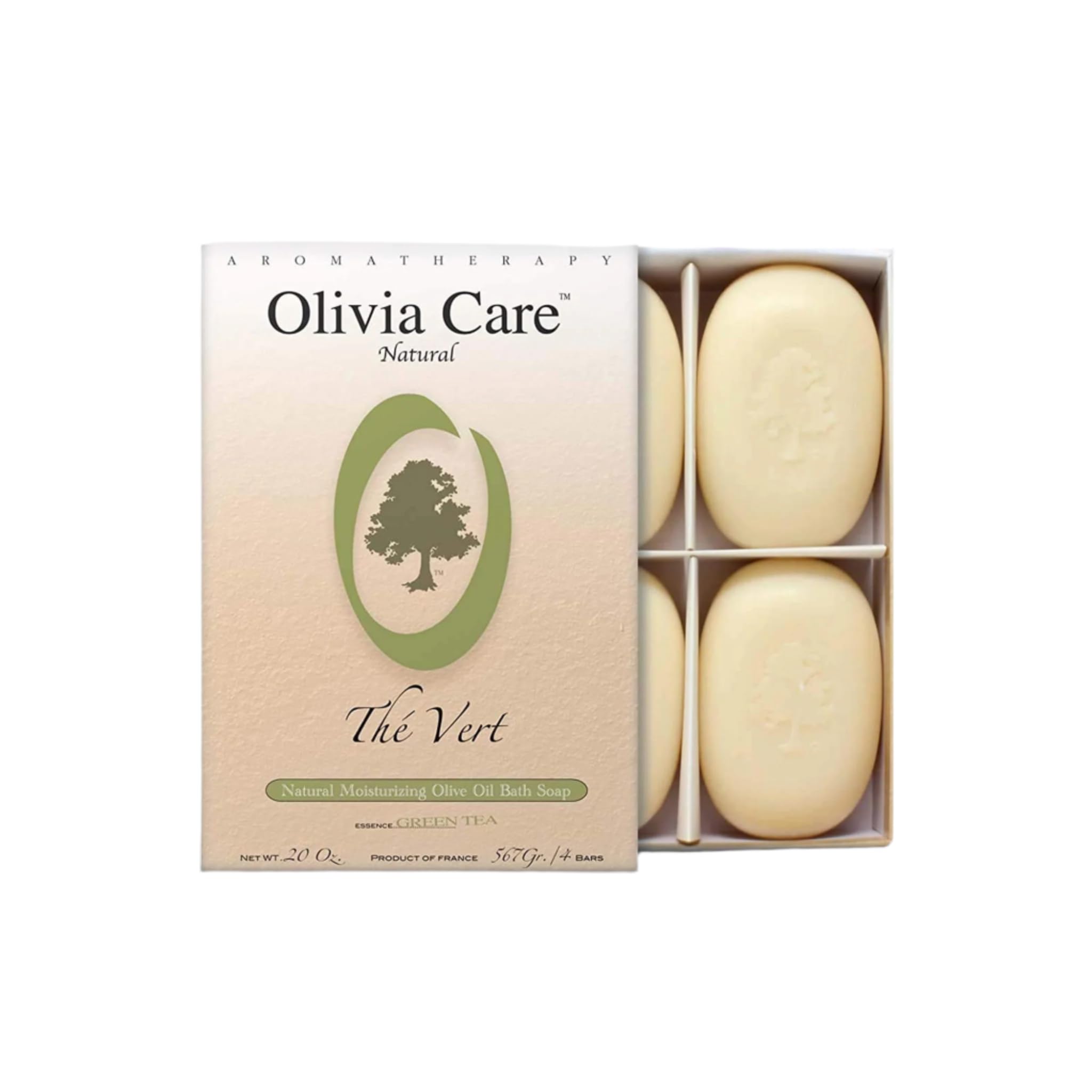 Olivia Care gift box with four green tea olive oil bars, convenient and presentable