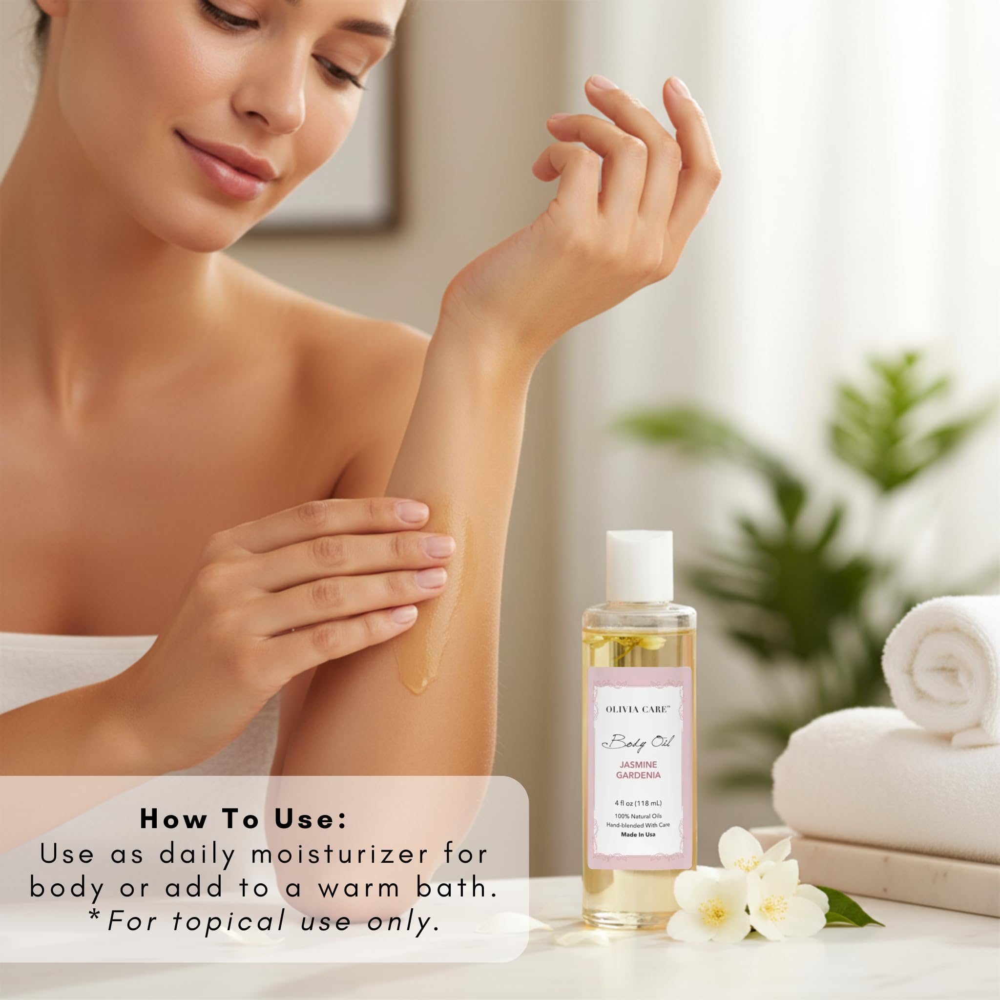 Olivia Care bottle staged at bathside to convey relaxing post-shower ritual