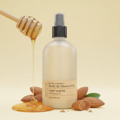Olivia Care pouring oil close-up demonstrating lightweight absorption