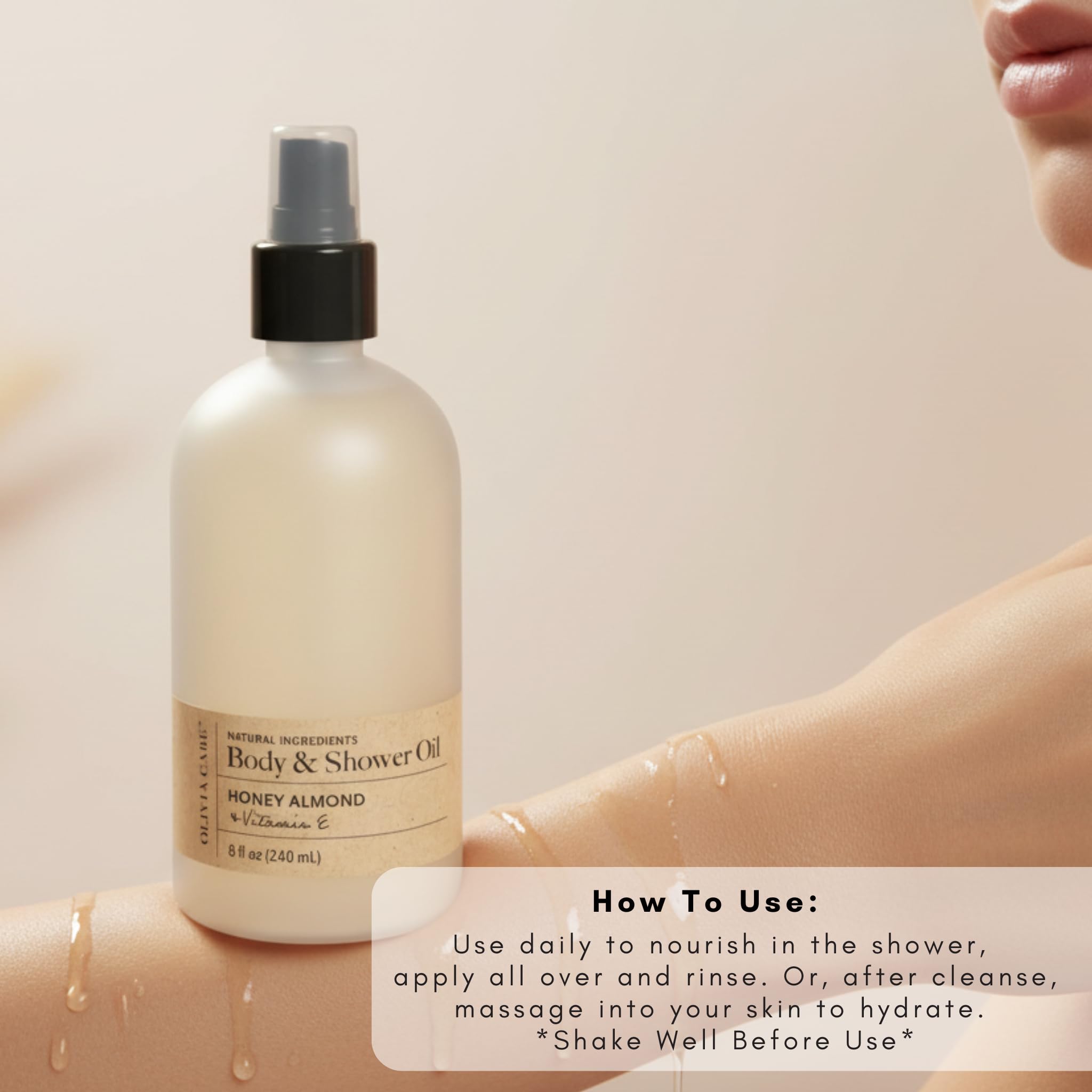 Olivia Care texture on skin sheen showing non-greasy silky finish