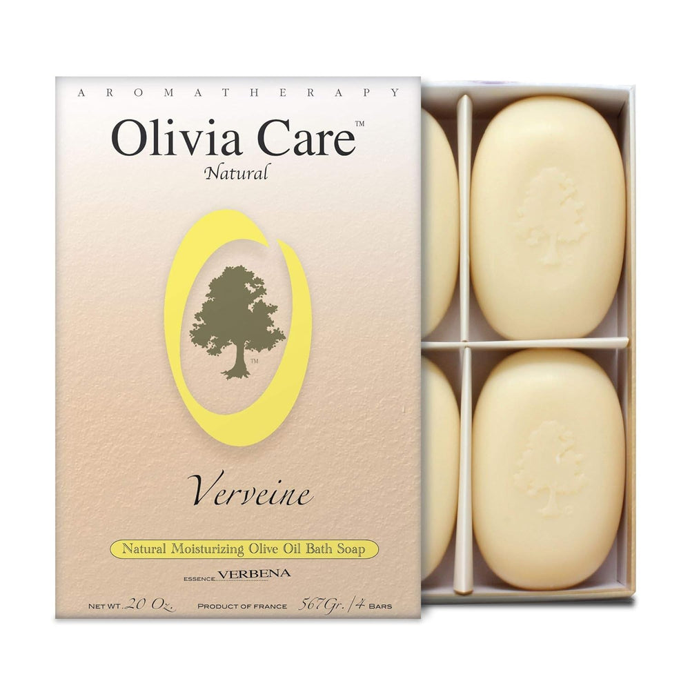 Olivia Care gift box front view showing four verbena olive oil bars benefits gifting