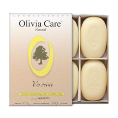 Olivia Care gift box front view showing four verbena olive oil bars benefits gifting