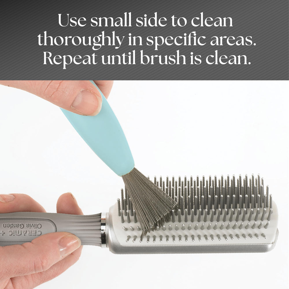 Olivia Garden cleaner next to a hairbrush showing compact size for travel and storage