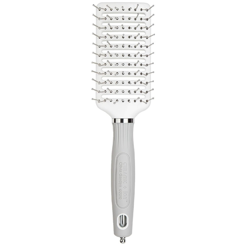 Olivia Garden brush front view showing vented ceramic barrel and grip for faster drying