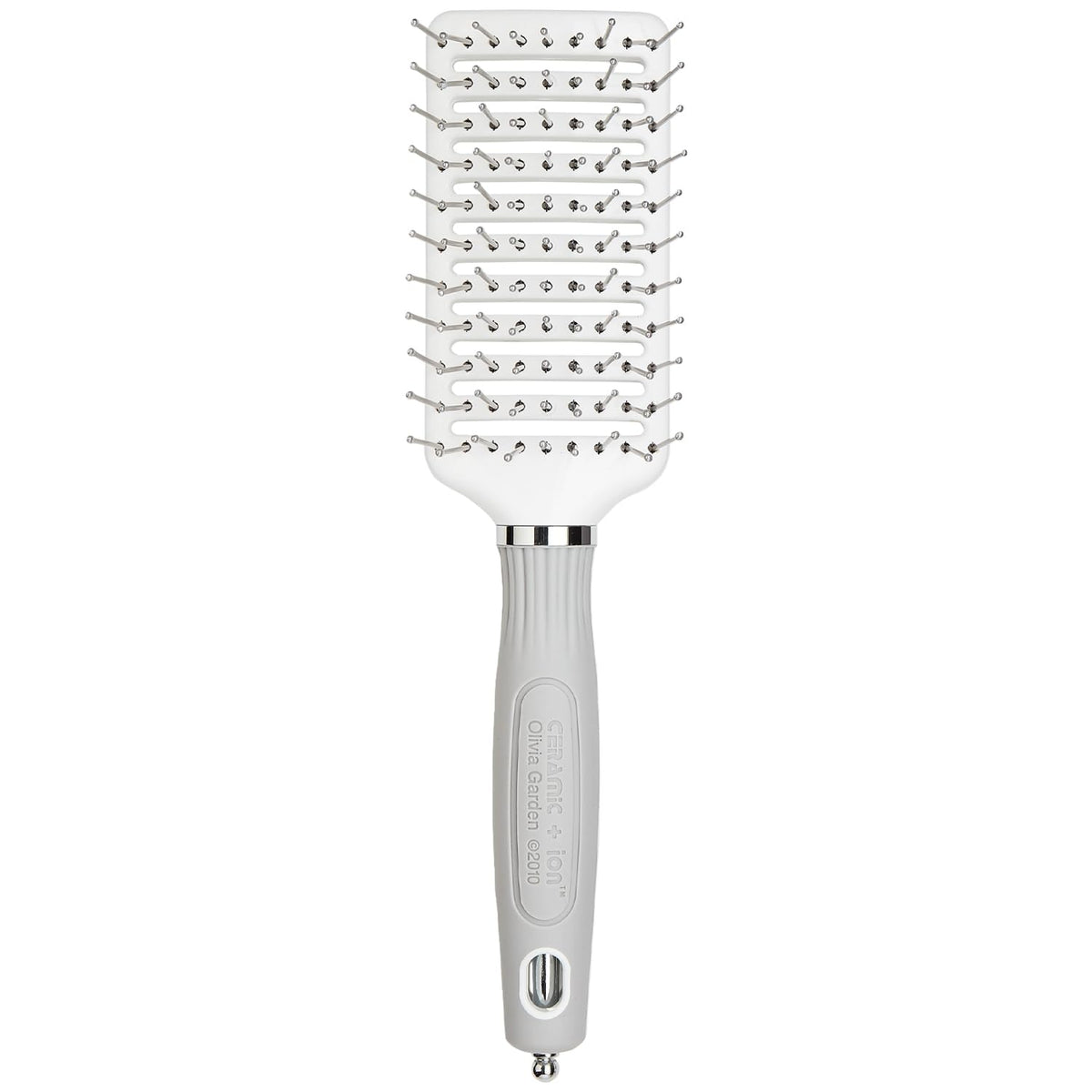 Olivia Garden brush front view showing vented ceramic barrel and grip for faster drying