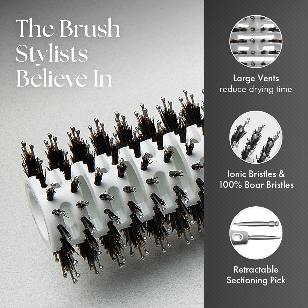Olivia Garden brush in use with dryer providing faster blow-dry benefit