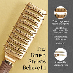 Olivia Garden brush in use with hair dryer creating lift and polished shine during styling