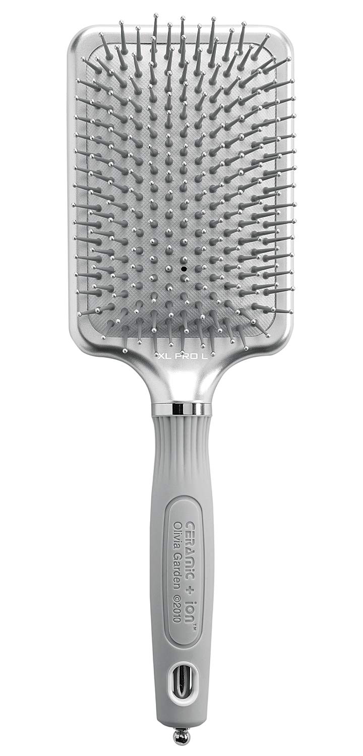 Olivia Garden front view of silver XL Pro paddle brush showing ergonomic handle and large surface for fast smoothing