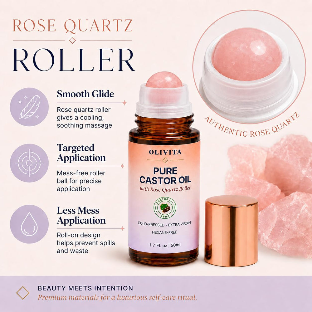 OLIVITA rose quartz roller closeup for smooth, controlled application