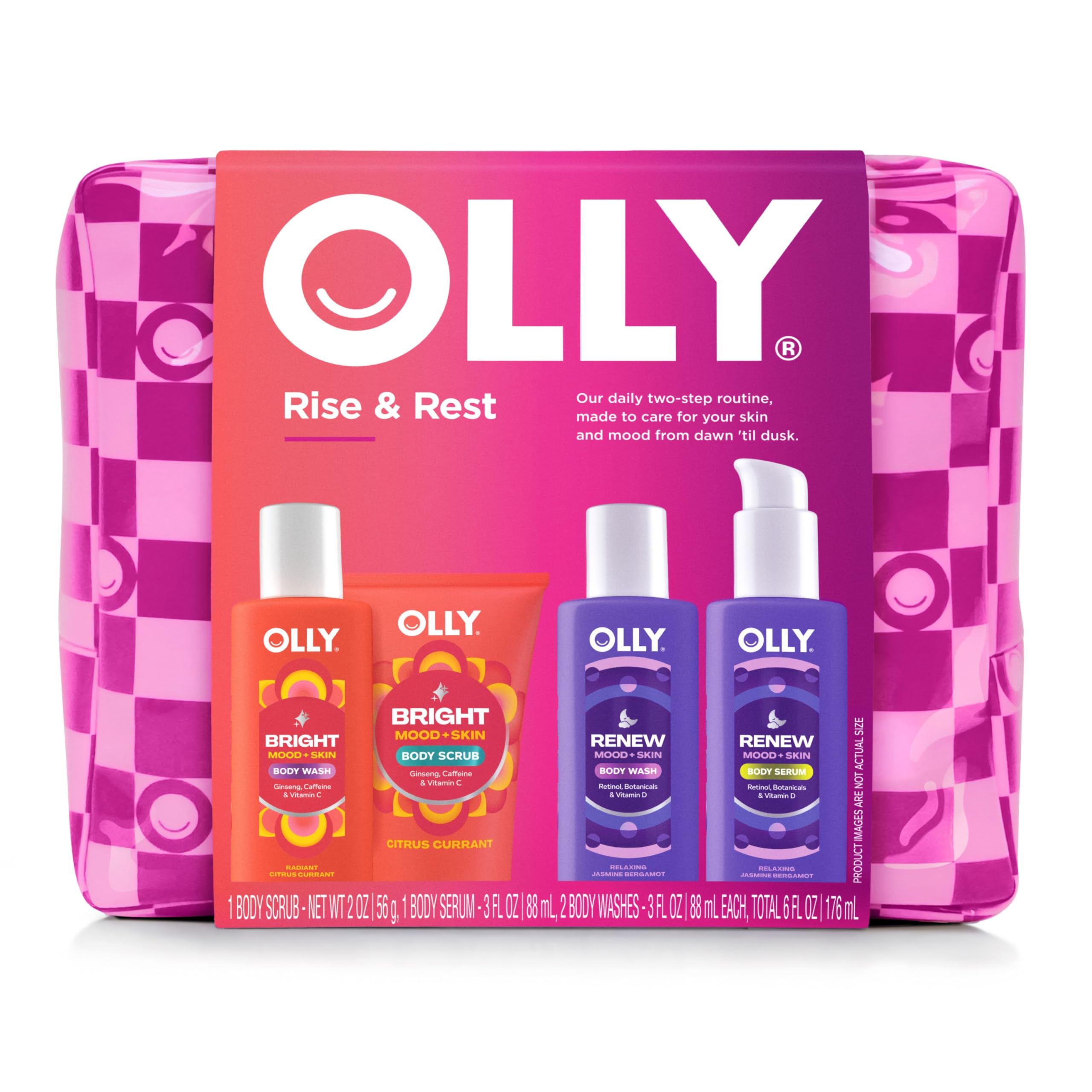 OLLY front packaging of Rest & Rise set showing all four bottles and benefits