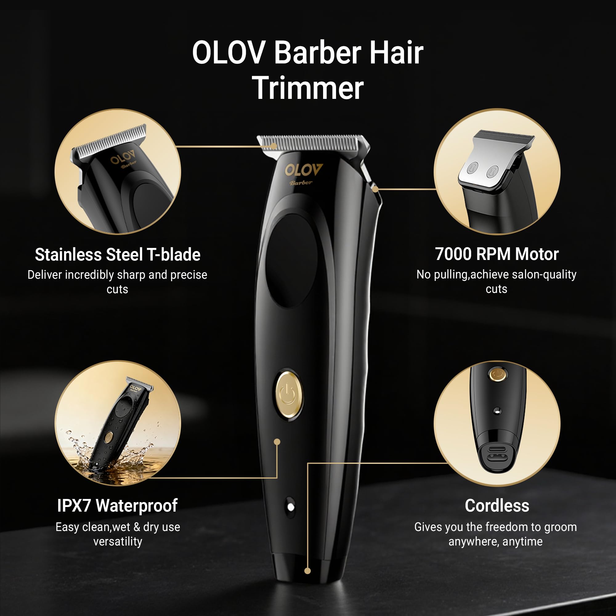 OLOV barber close-up of T-blade showing sharp edge for precise detailing