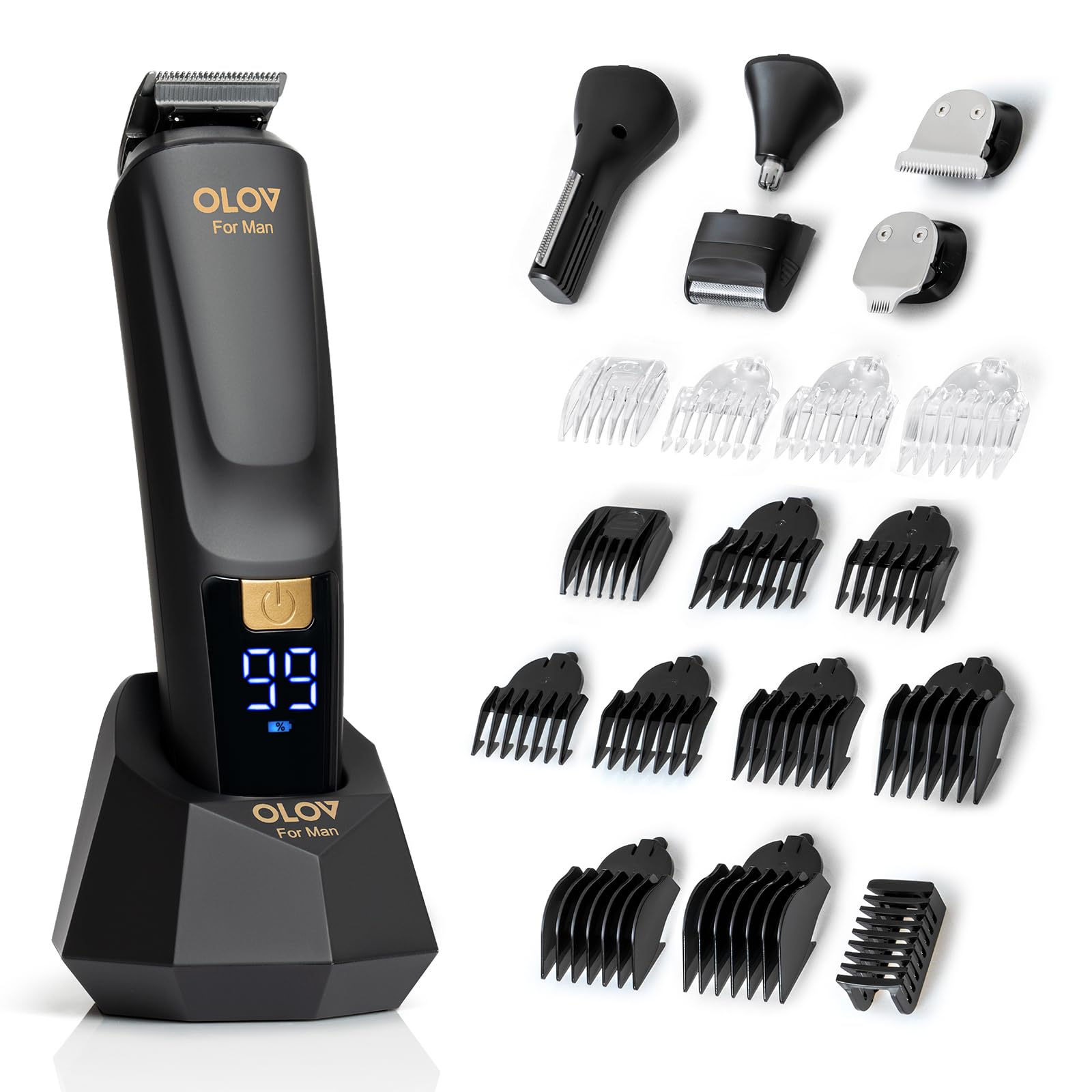 OLOV For Man grooming kit front view showing full 21-piece set and storage benefits