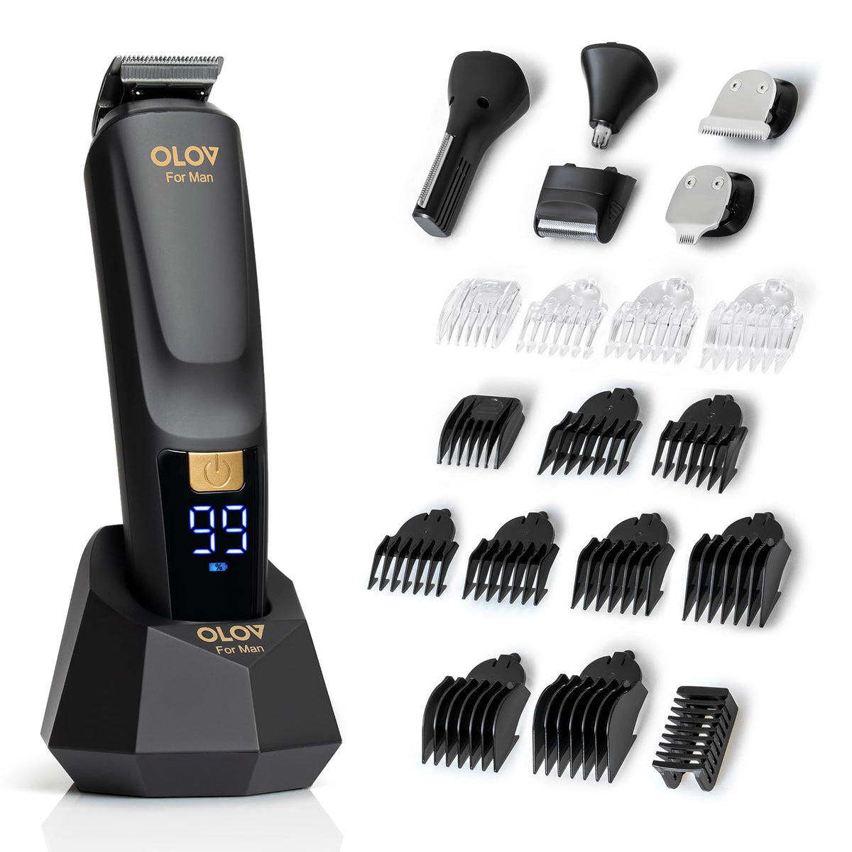 OLOV For Man grooming kit front view showing full 21-piece set and storage benefits
