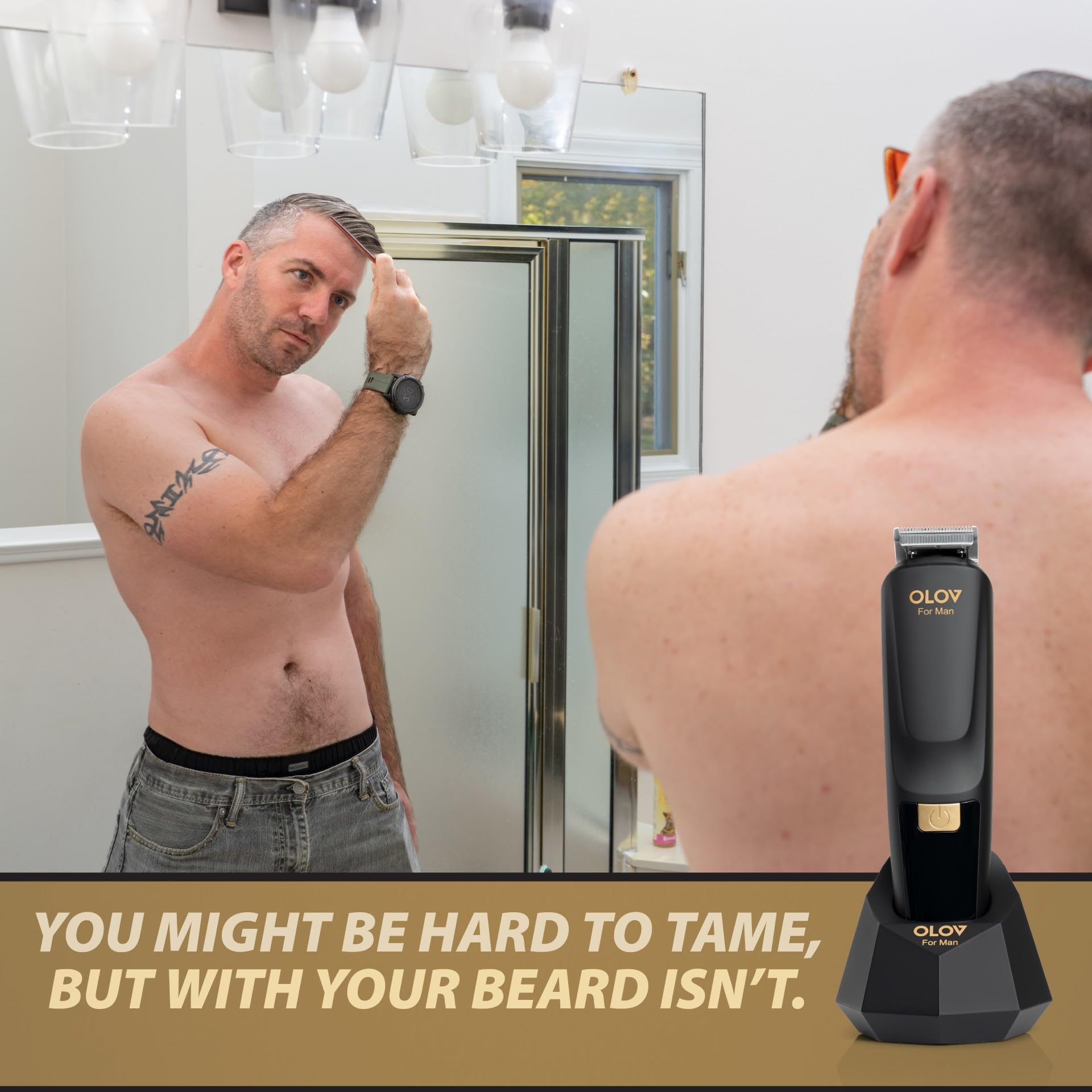 OLOV For Man grooming kit staged on a bathroom counter for organized daily use