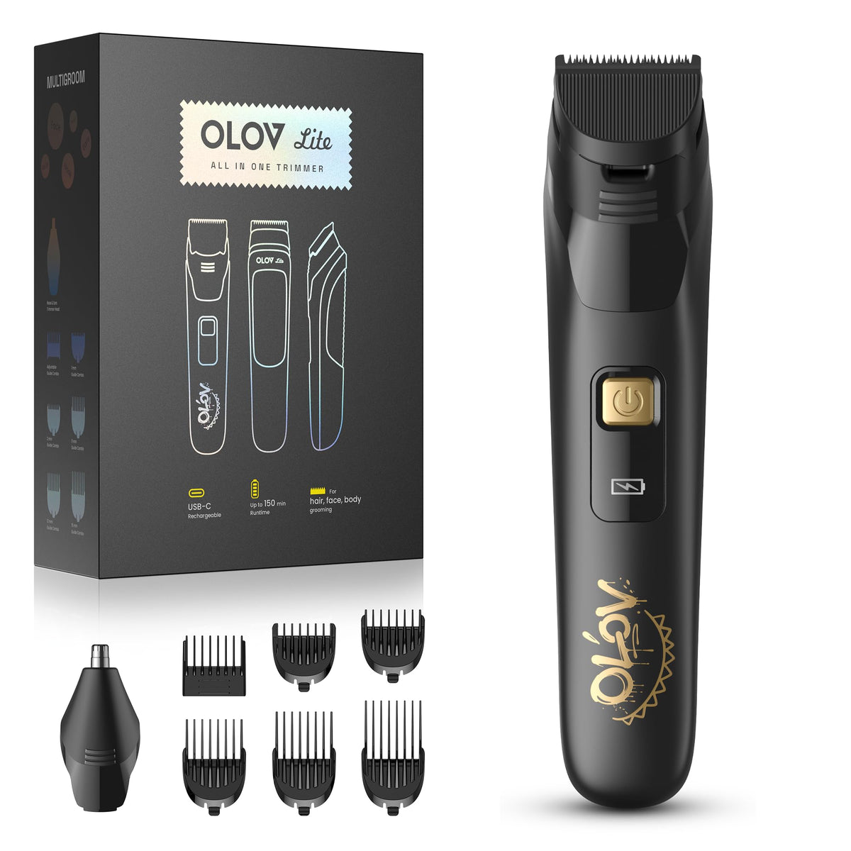 OLOV LITE front view showing sleek black design and gold logo, professional appearance