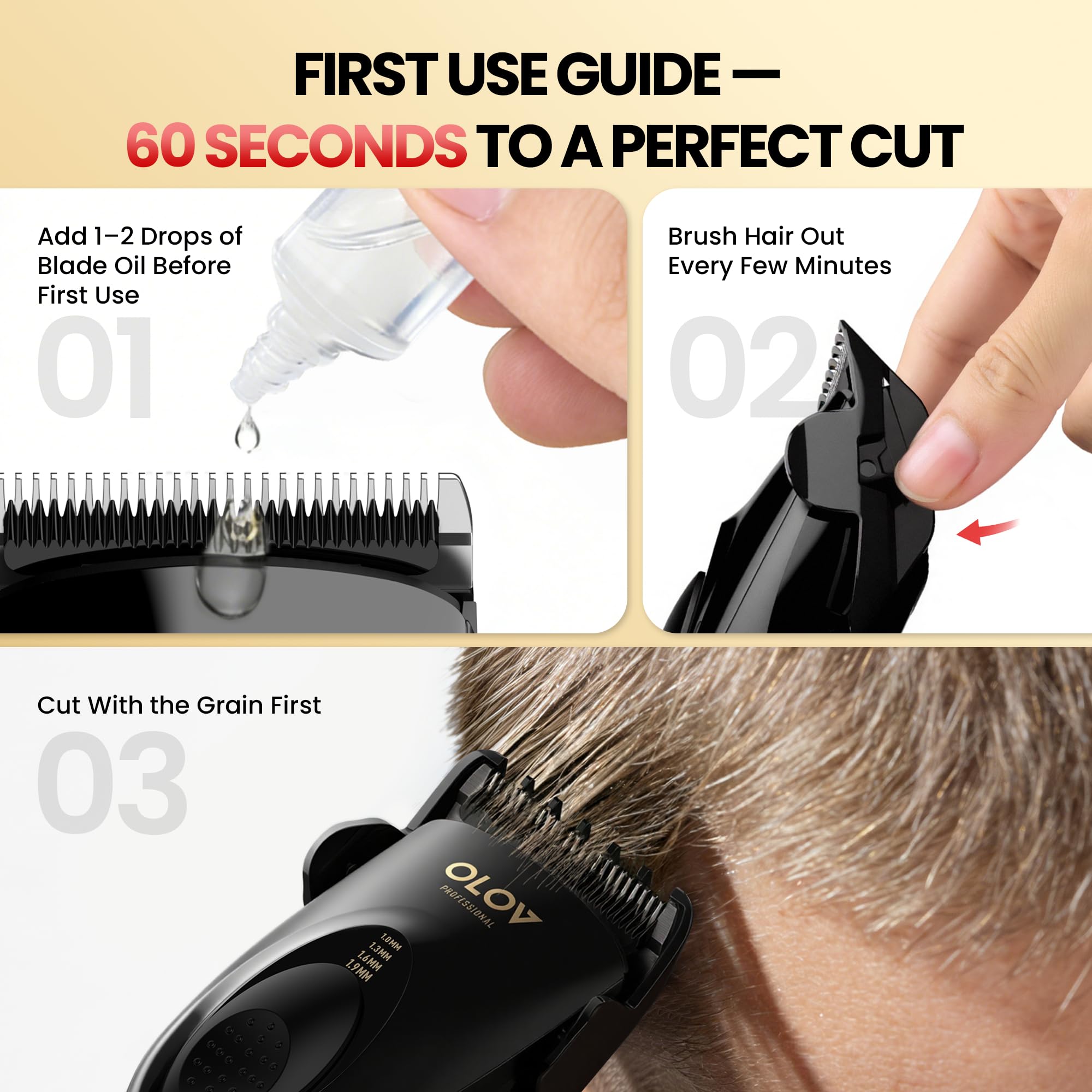 OLOV PROFESSIONAL set of length guards displayed for quick adjustment benefit