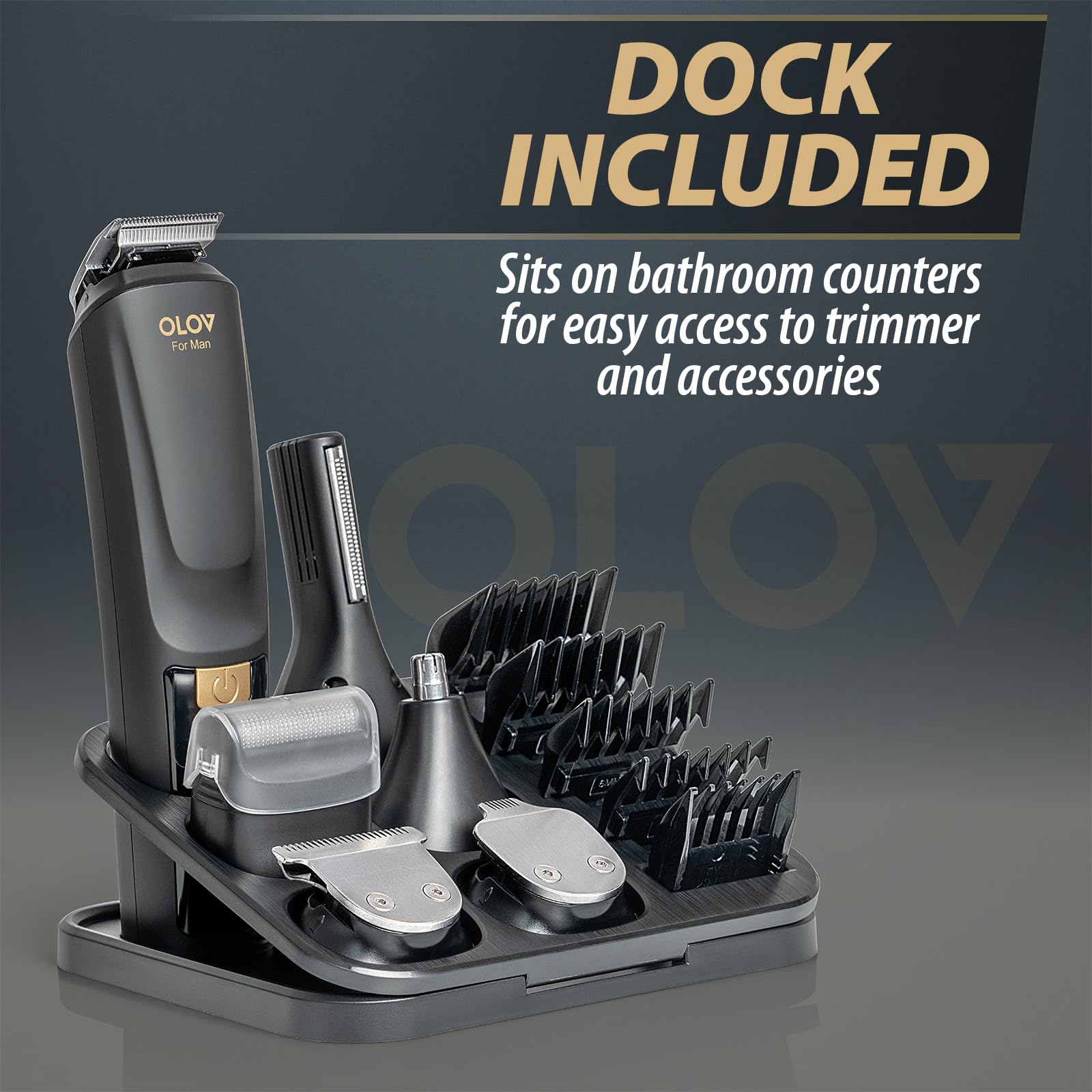 OLOV For Man USB recharge dock in use powering the trimmer for travel convenience