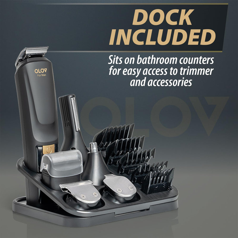OLOV For Man USB recharge dock in use powering the trimmer for travel convenience