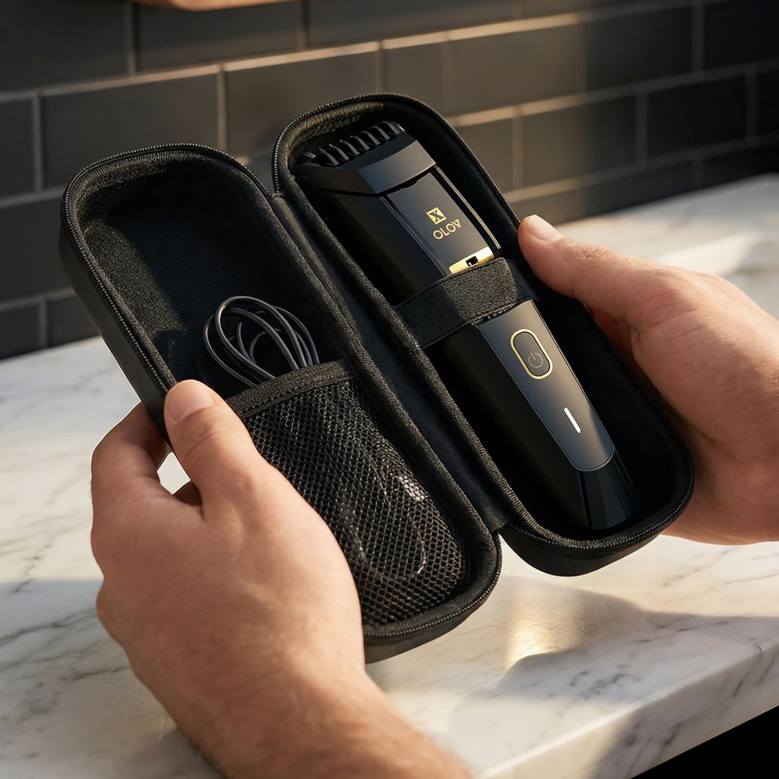OLOV X accessories laid out including combs and cleaning brush for complete grooming kit