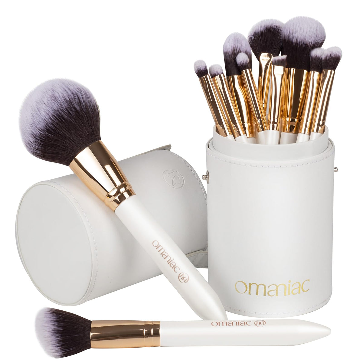 OMANIAC front view of 12-piece brush set showing complete kit and case benefit