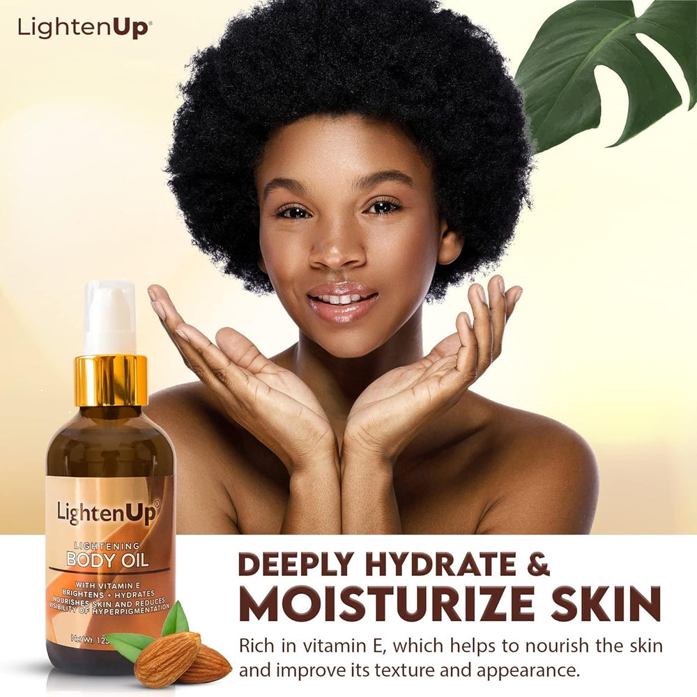 OMIC Lighten-Up bottle beside shea and almond, highlights natural ingredients benefit