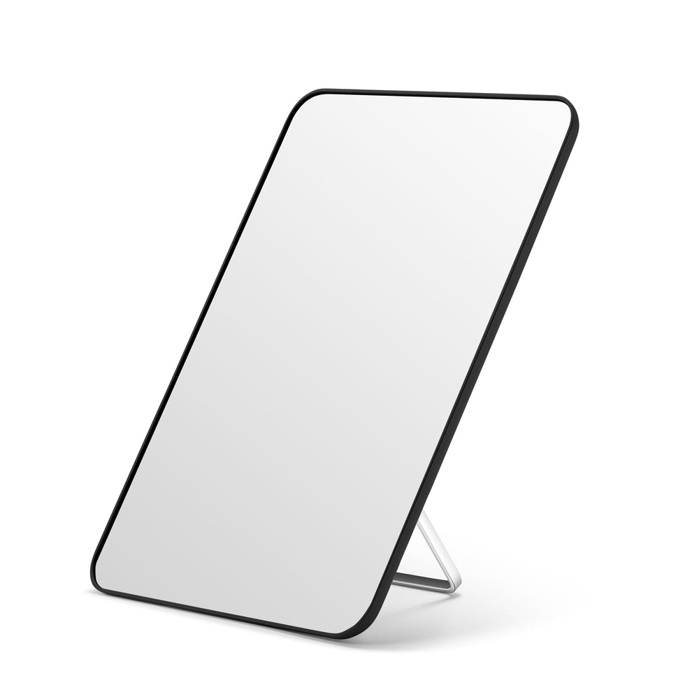 OMIRO front view of 10x7 mirror showing clear reflection and sleek black frame for precise grooming