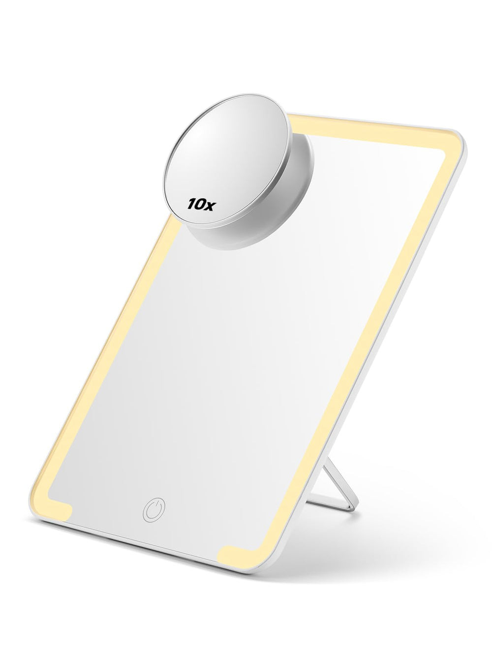 OMIRO front view of white lighted mirror showing bright clear reflection benefit