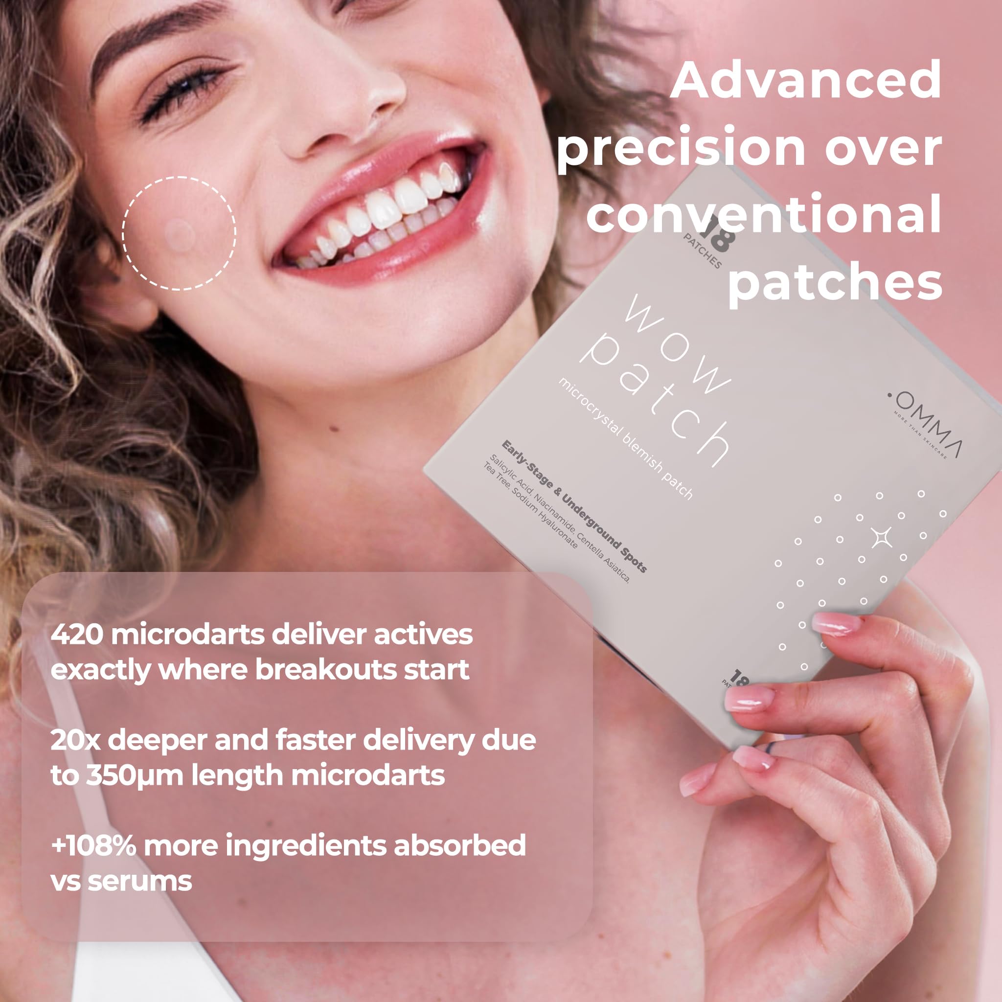 OMMA microdart ingredient label highlighting salicylic acid niacinamide tea tree benefits