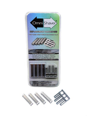 OmniShaver front packaging showing four cartridges and tool, clear contents benefit