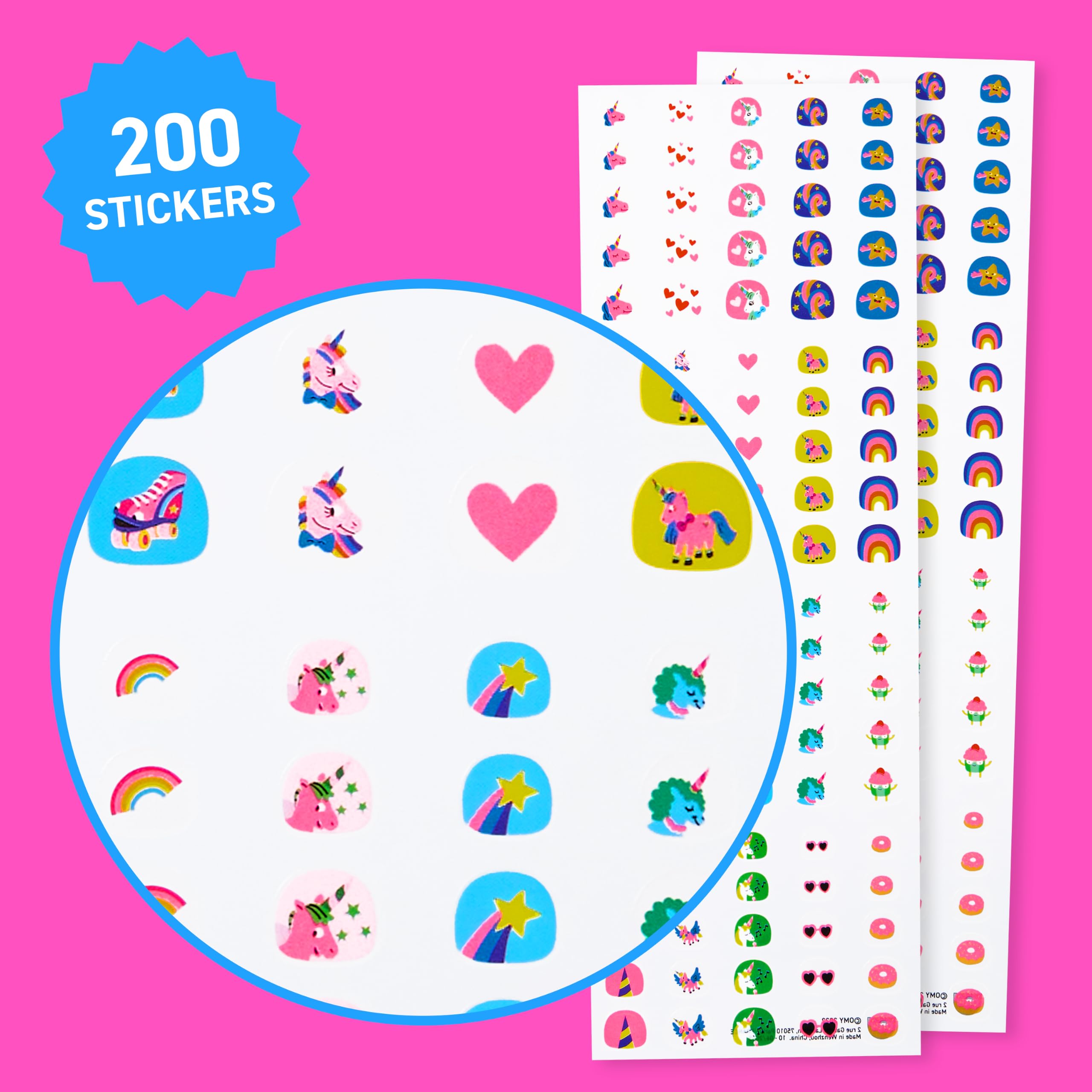 Omy close-up of sticker sheet showing multiple unicorn designs and bright colors