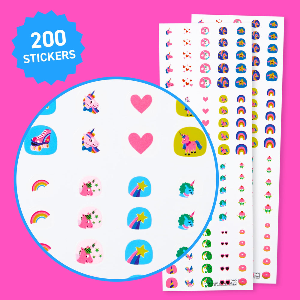 Omy close-up of sticker sheet showing multiple unicorn designs and bright colors