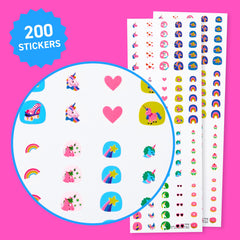 Omy close-up of sticker sheet showing multiple unicorn designs and bright colors